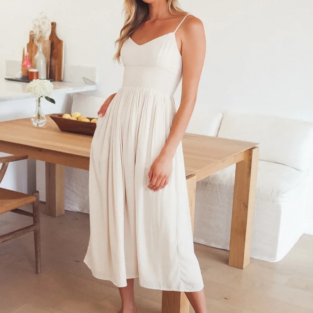 Lulus - Full Heart Cream Smocked Midi Dress - Size L